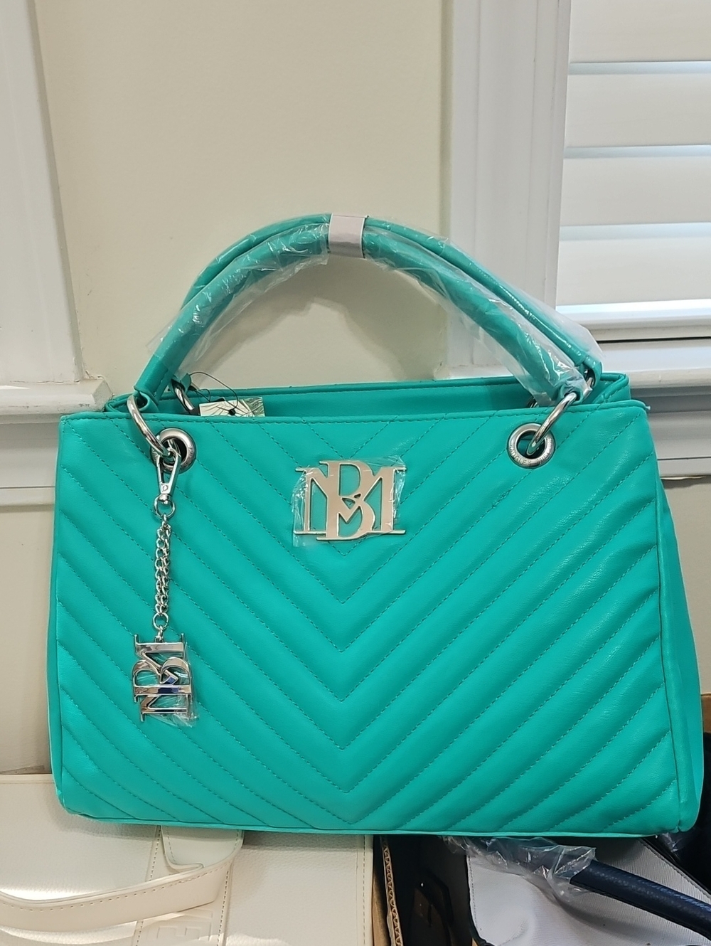 Chevron Quilted Satchel in Teal with Silver Logo Charm
